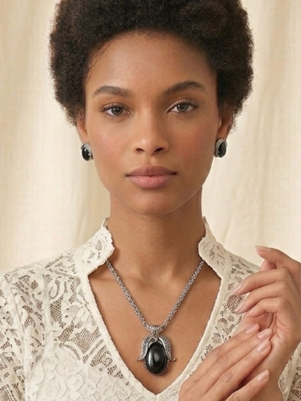 Vintage Western Germany black agate necklace and clip Earrings Set